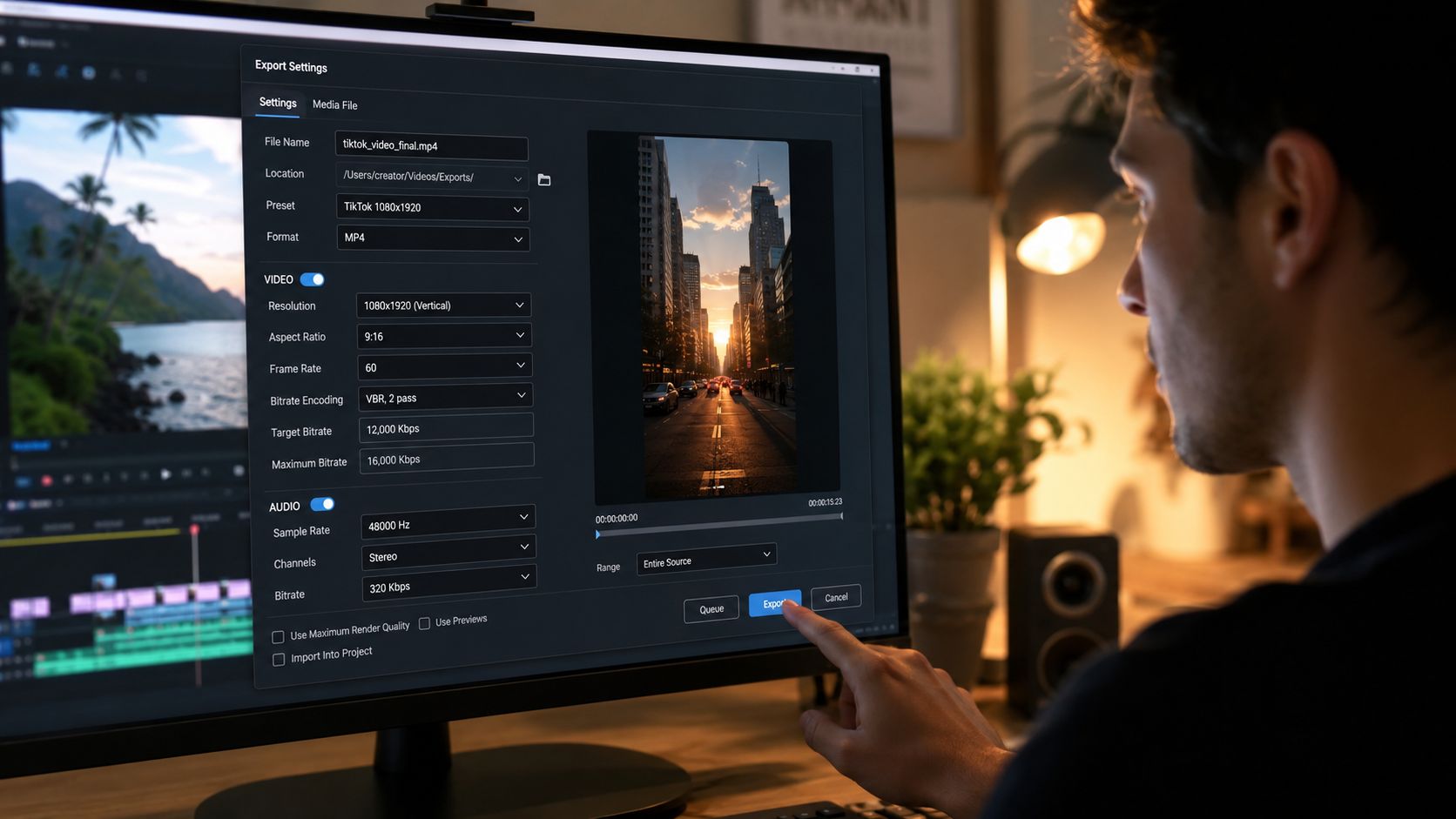 A person clicking the export button on a video editing software screen with TikTok video dimensions.