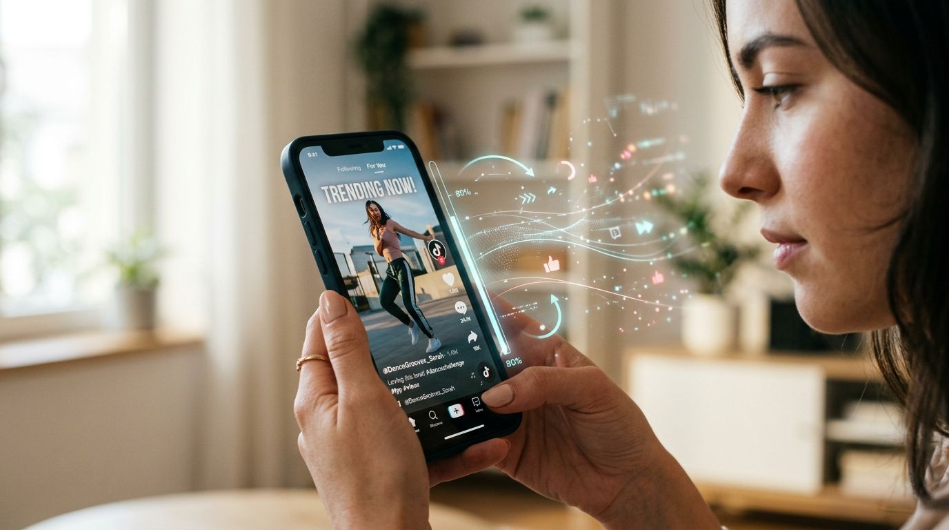 A person using a smartphone to view trending social media content with interactive engagement graphics floating nearby.