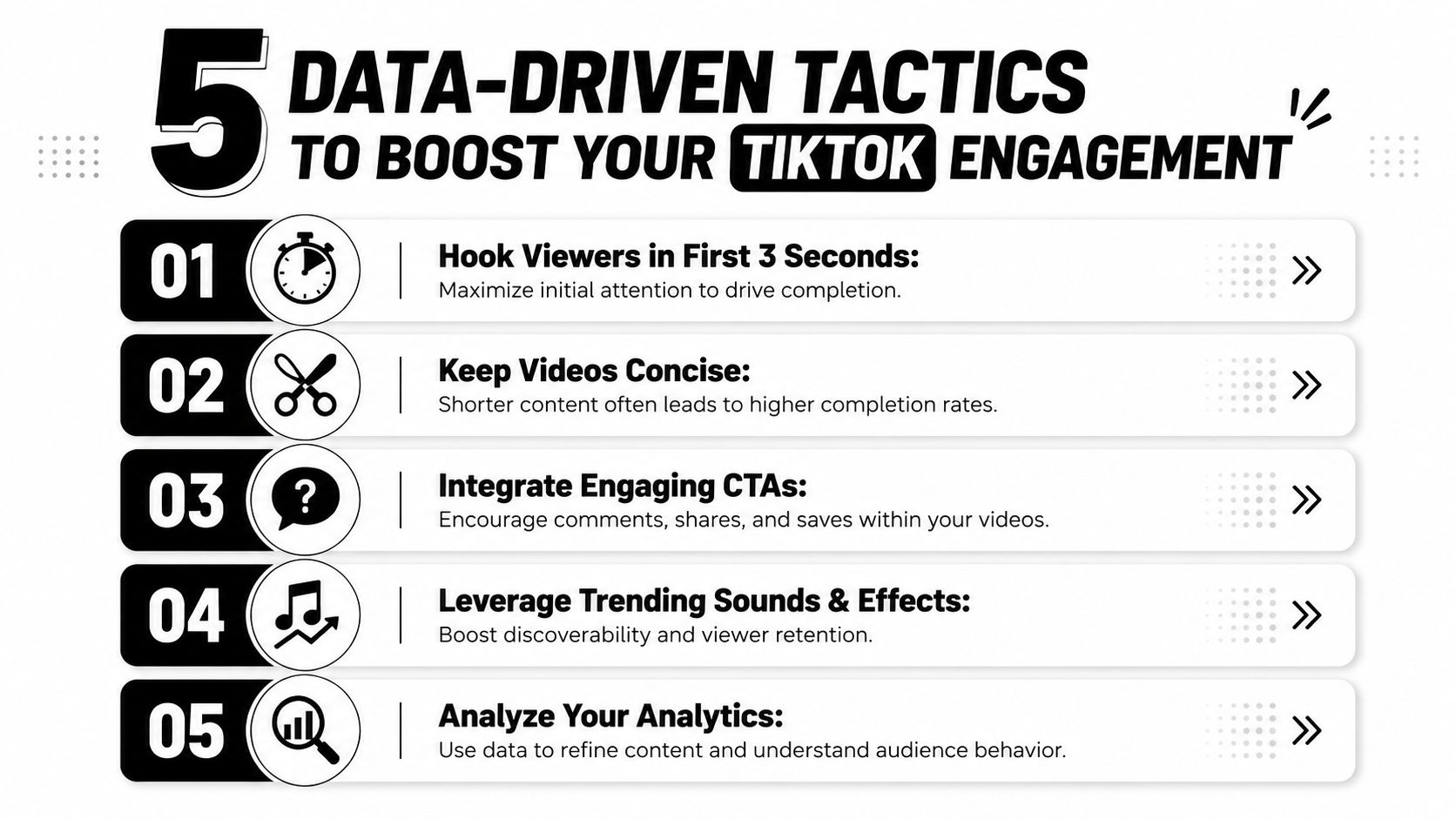 A list of five data-driven tactics to improve engagement rates for videos on the TikTok platform.
