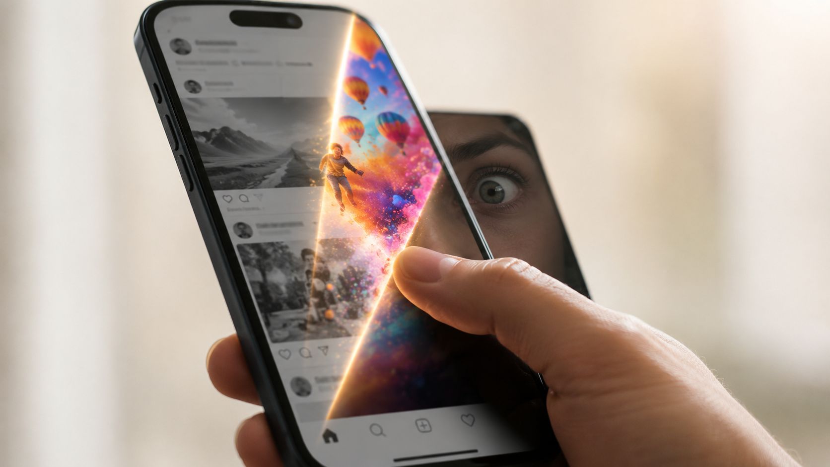 A close-up of a person holding a smartphone displaying an image transforming from monochrome to vibrant colors.