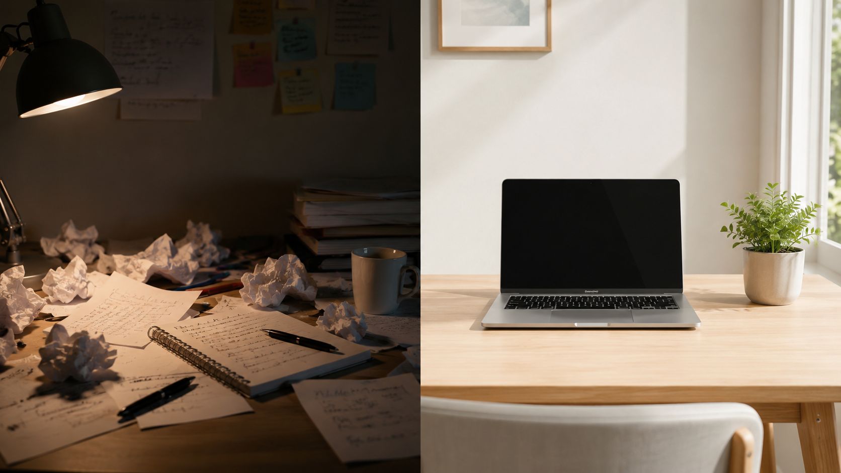 A split screen comparing a messy desk with handwritten notes versus a clean, organized workspace with a laptop.