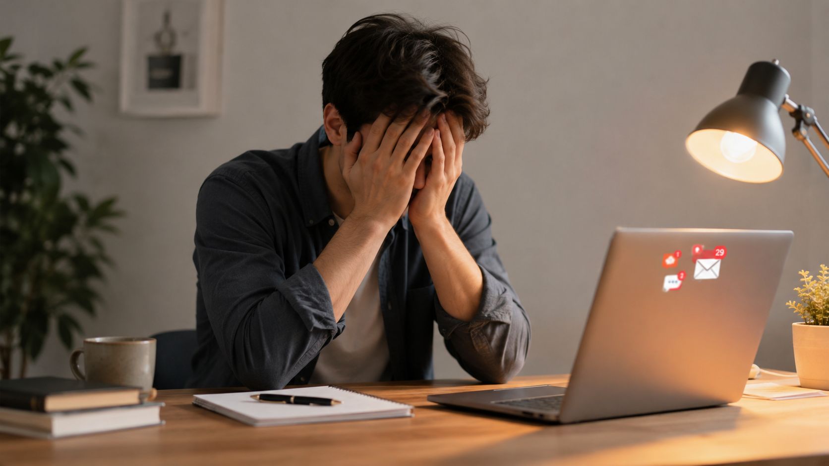 A stressed man sitting at his desk covering his face while working on a laptop computer.