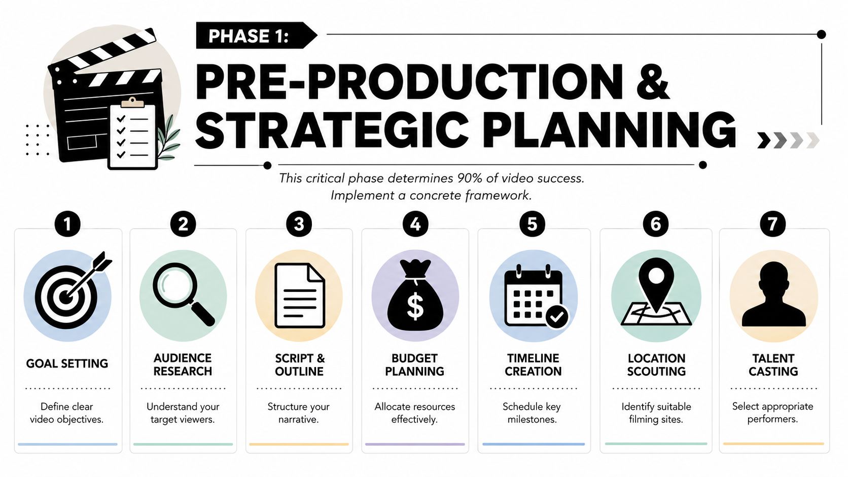 A visual guide outlining seven essential steps for pre-production and strategic planning in professional video production.