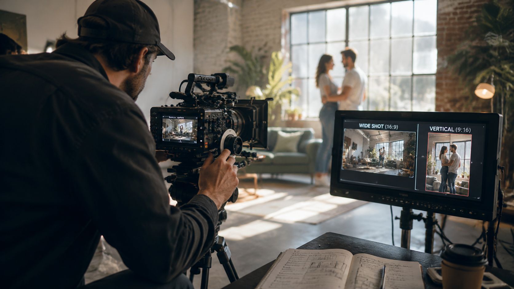 A videographer uses a professional cinema camera to record a couple in a bright, modern studio.