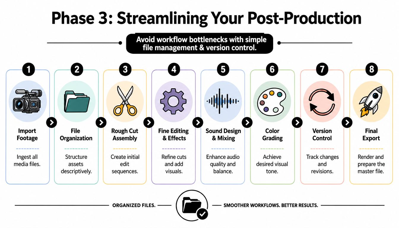 A visual eight step infographic outlining the professional video post-production workflow process from import to export.