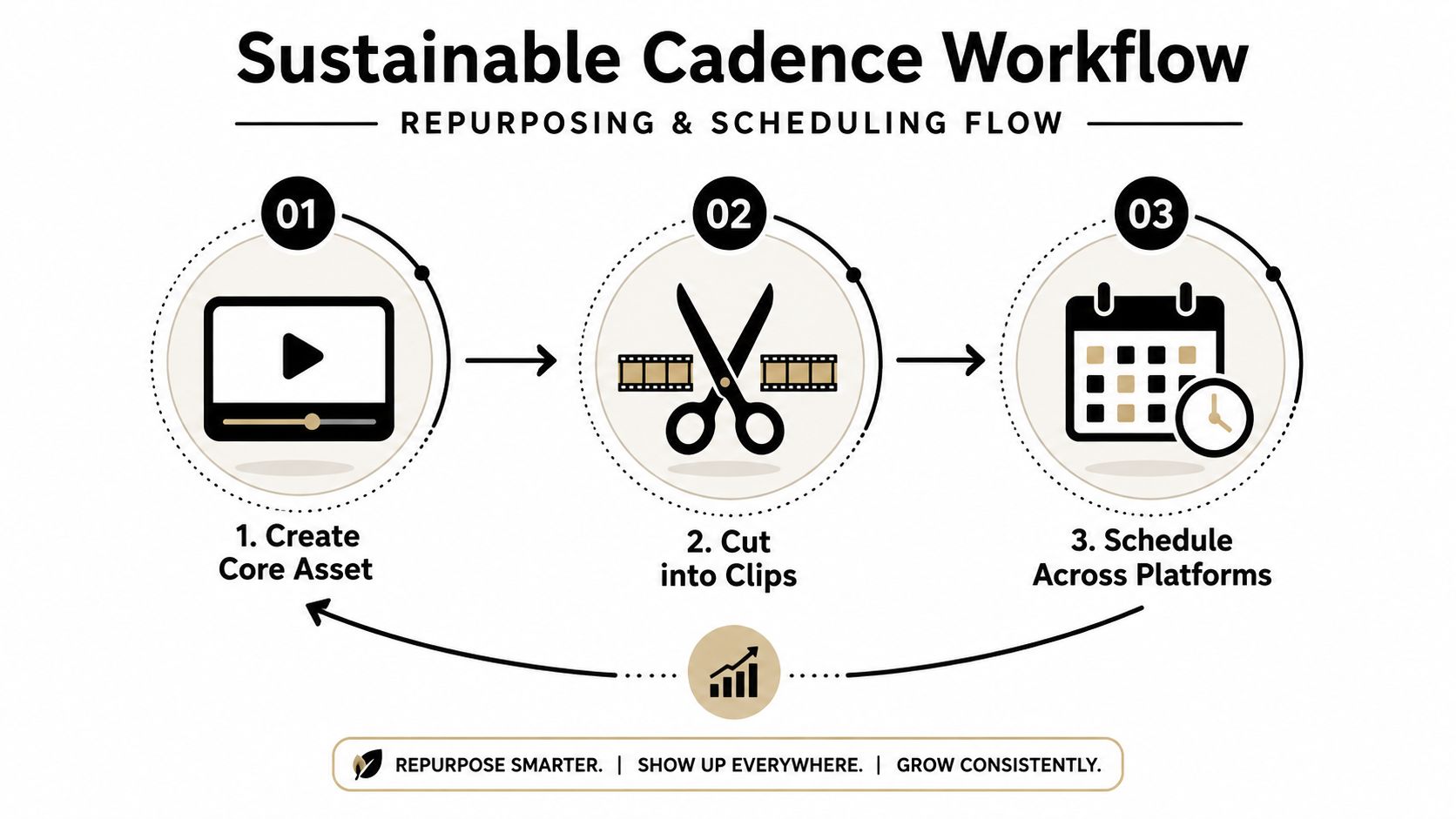 A diagram illustrating a three-step sustainable cadence workflow for creating, cutting, and scheduling content assets online.