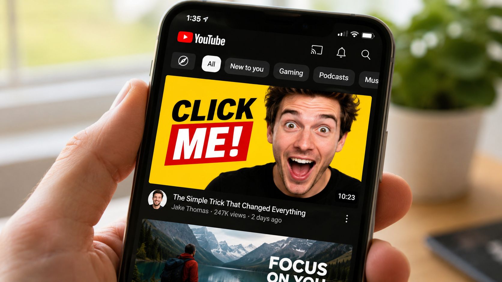 A close-up of a hand holding a smartphone displaying a YouTube homepage with a viral video thumbnail.