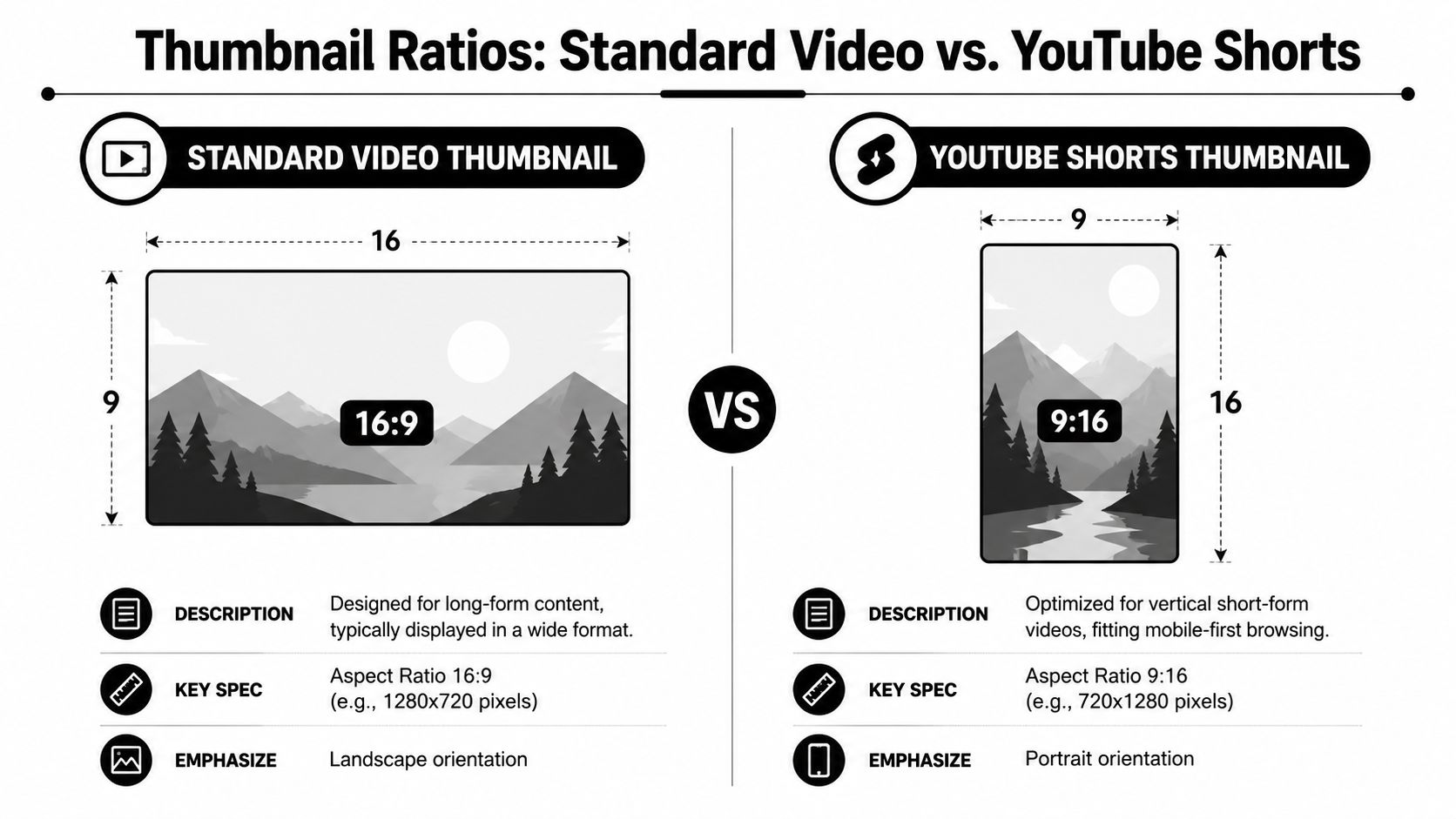 A comparison infographic showing the differences between standard 16:9 landscape video thumbnails and vertical 9:16 YouTube Shorts thumbnails.