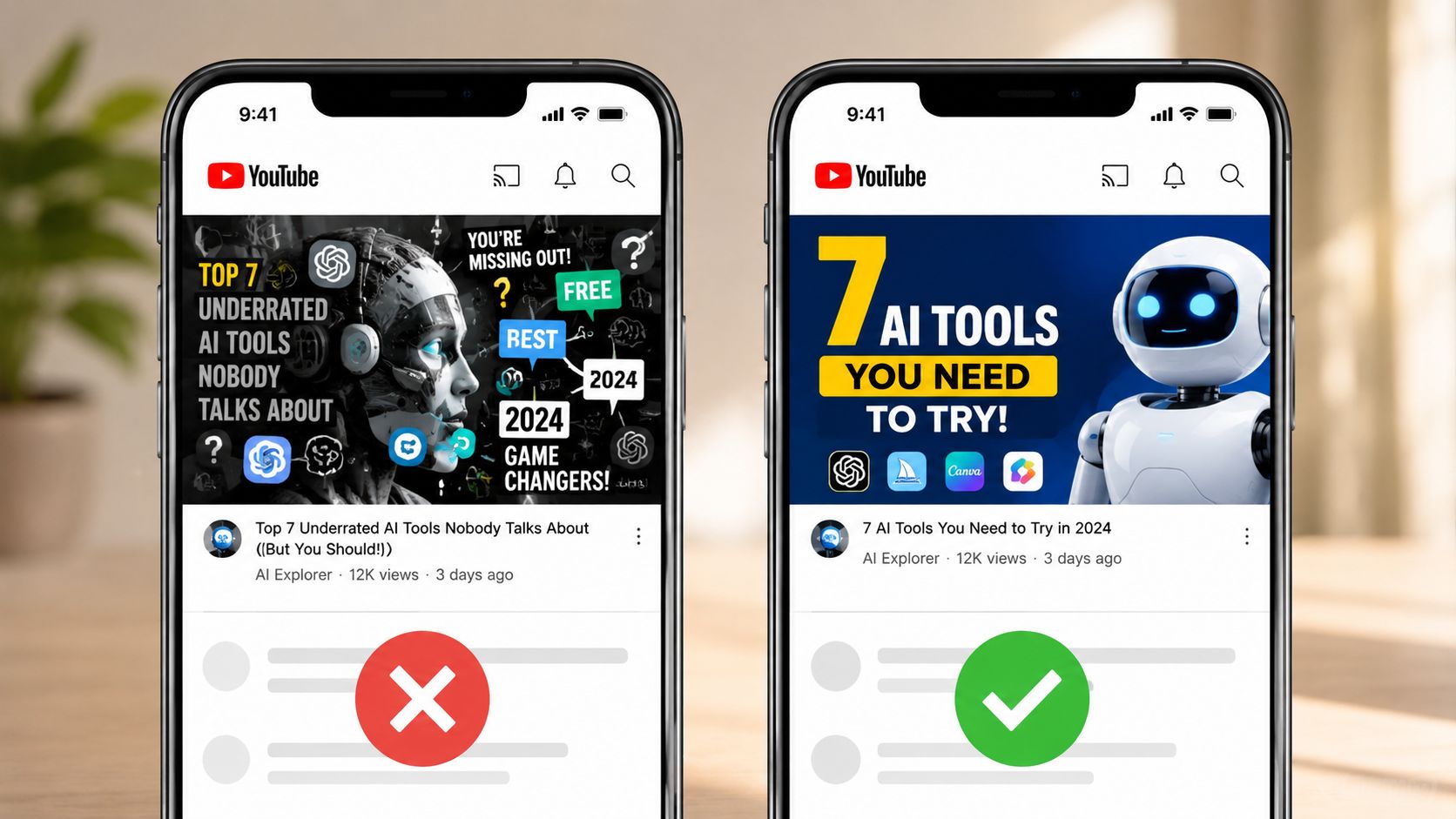 A comparison between a cluttered YouTube thumbnail and a clean, effective thumbnail on a smartphone screen.