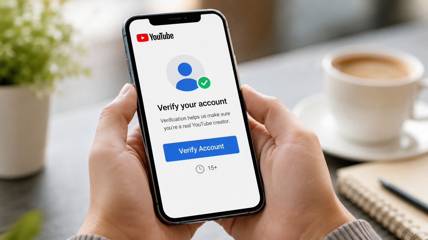 A person holding a smartphone displaying a YouTube screen requesting account verification to unlock longer video uploads.