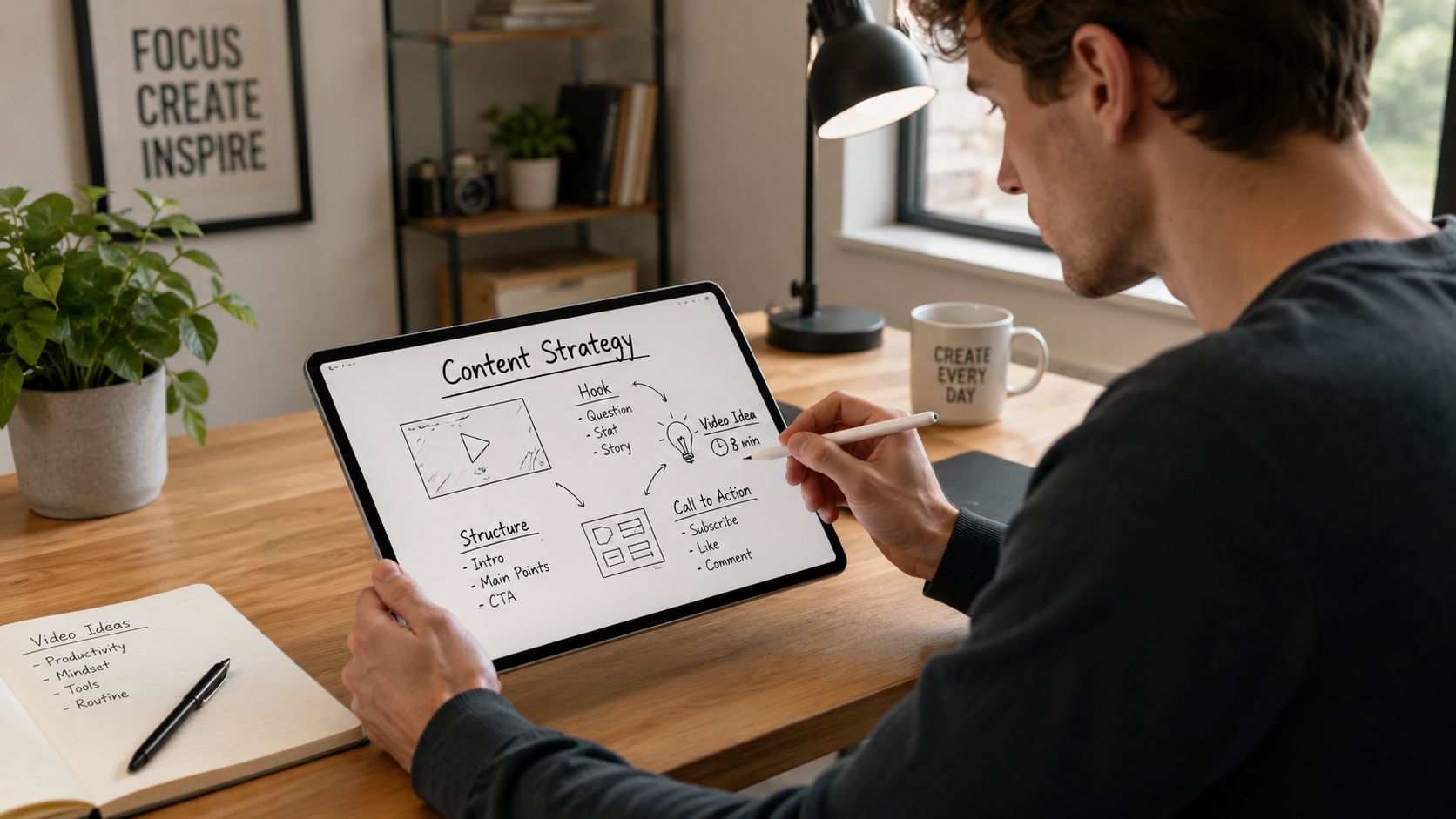 A person sketching a video content strategy flowchart on a tablet while working at a wooden desk.