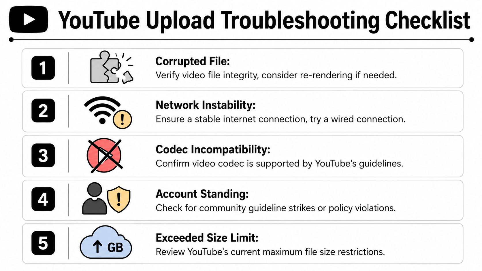 A checklist infographic titled YouTube Upload Troubleshooting listing five common issues and solutions for video upload problems.