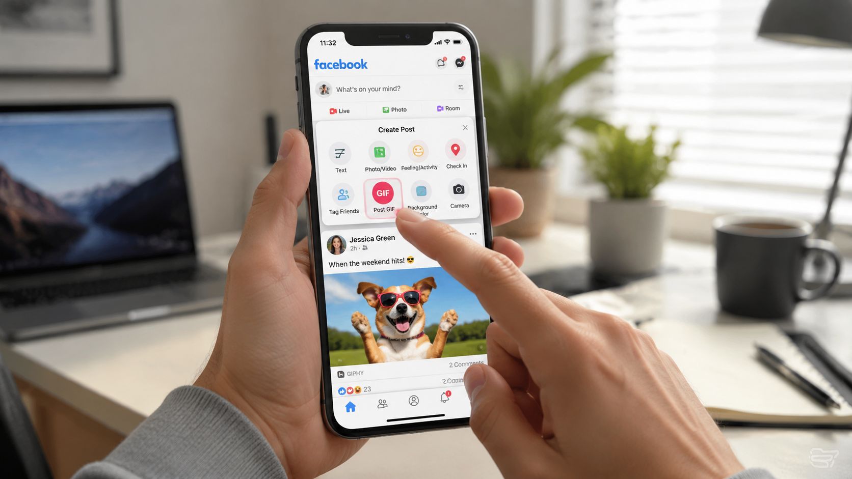 A person holding a smartphone showing the Facebook app with the Post GIF button being selected.
