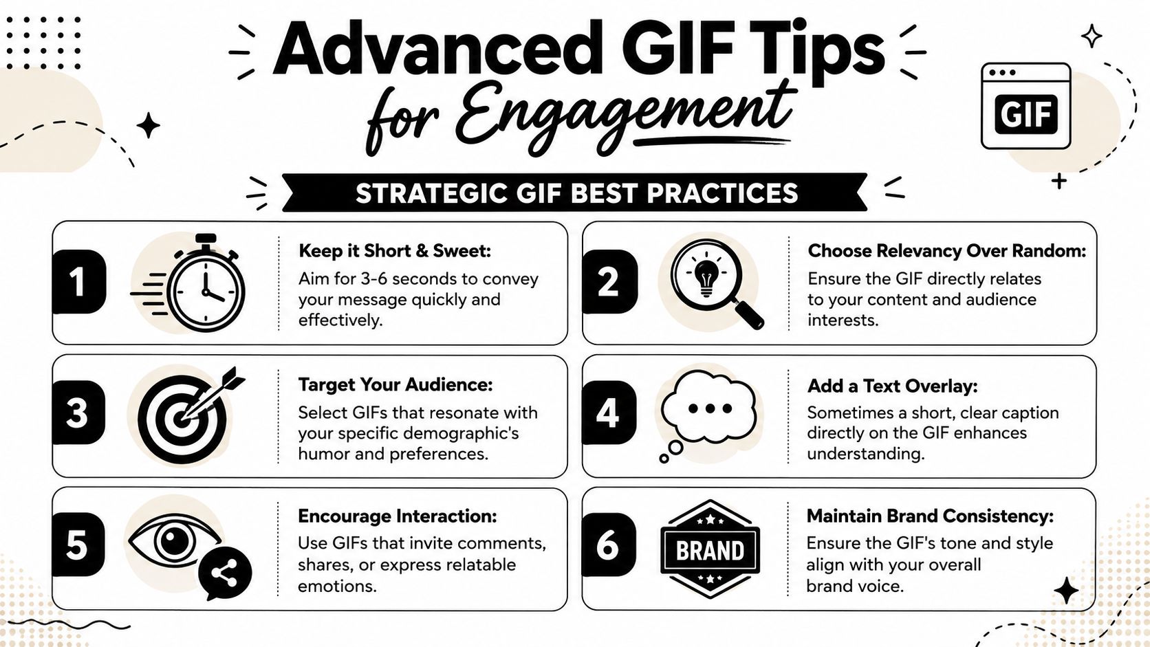 An infographic titled Advanced GIF Tips for Engagement, outlining six best practices for using GIFs effectively in content.