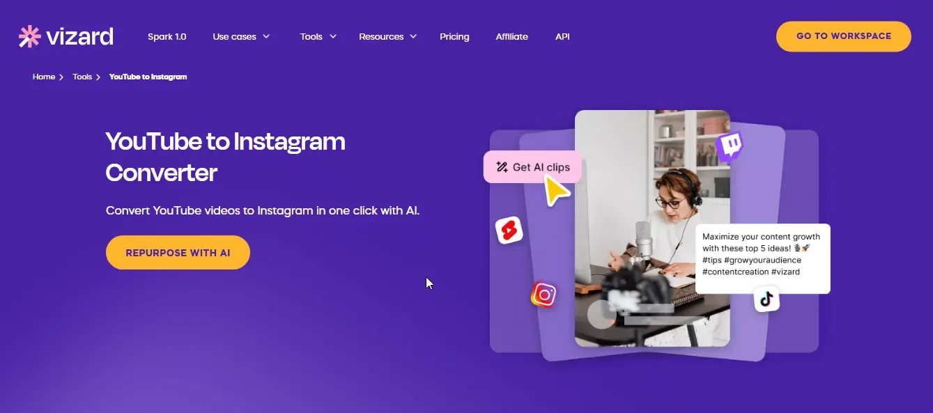 vizard ai youtube to instagram reel converter