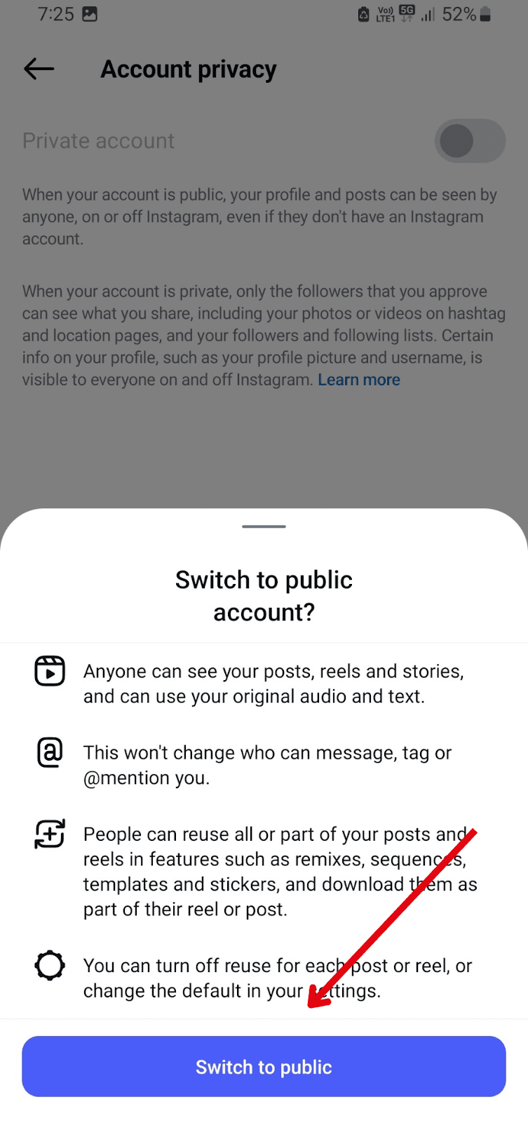 how to switch to a public Instagram account