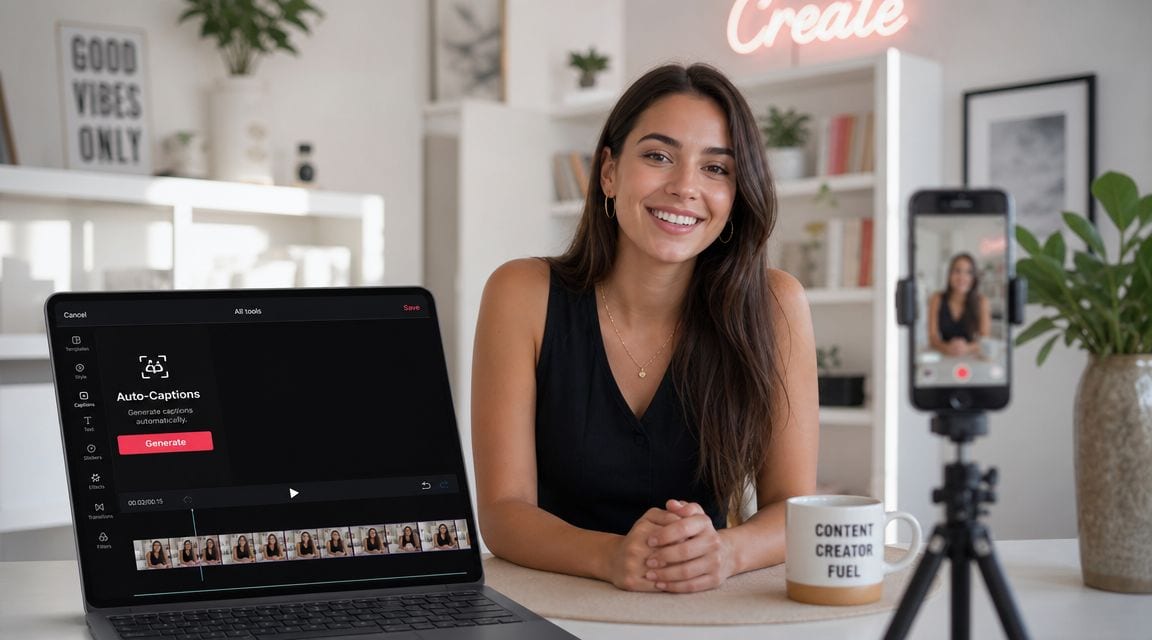 A smiling content creator sits at a desk with a laptop displaying auto-captions and a smartphone on a tripod.
