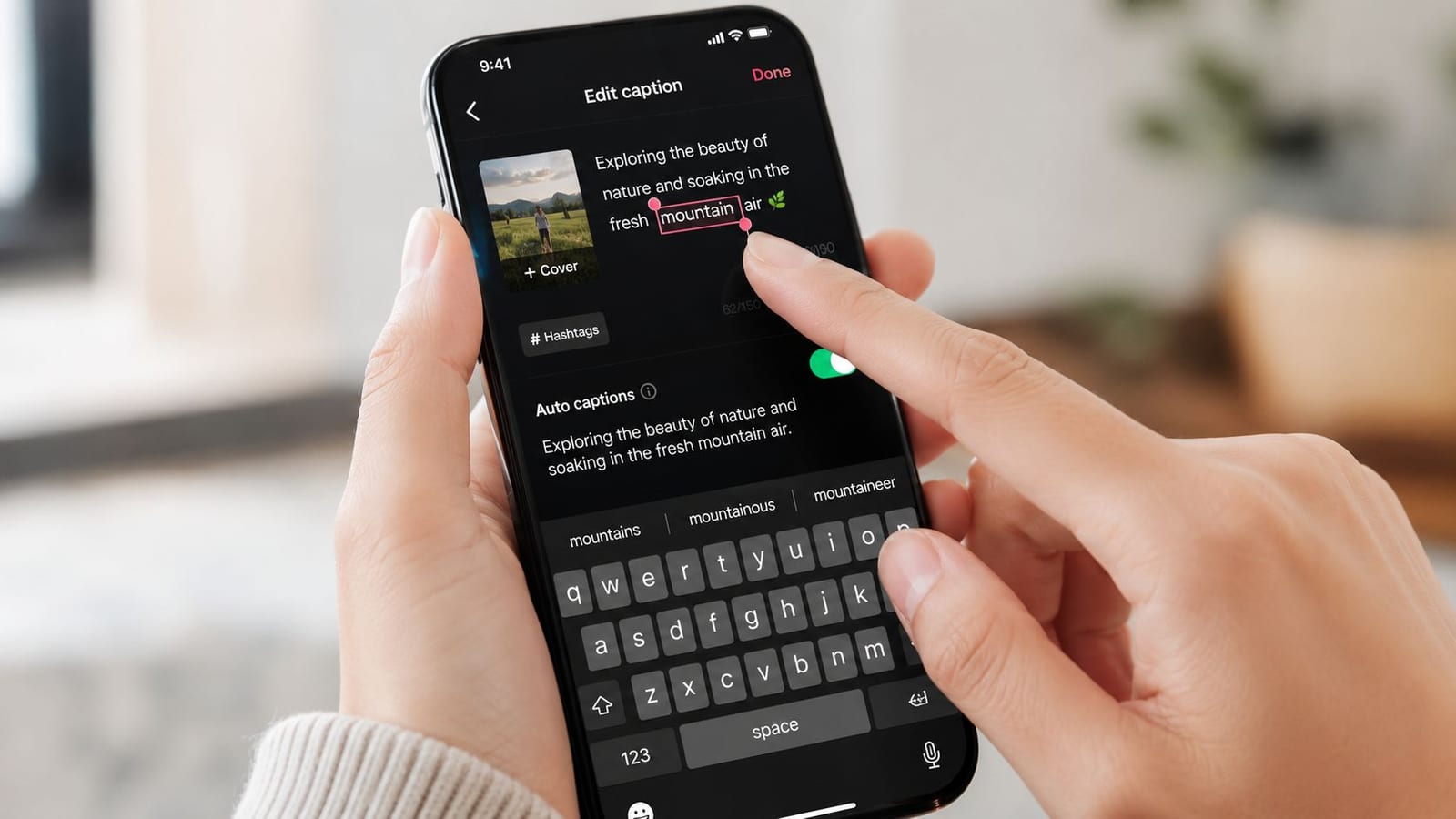 A person using their finger to edit a video caption on a smartphone screen showing caption options.