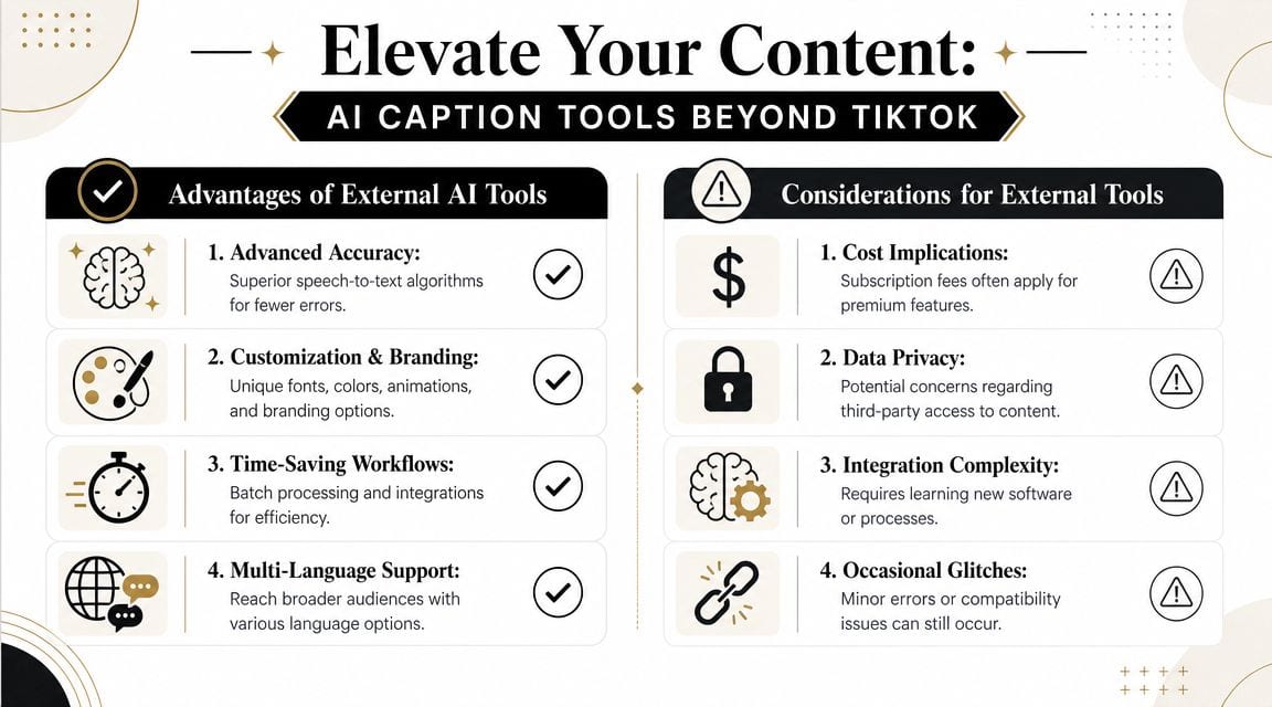 A comparison chart outlining the advantages and considerations of using external AI tools for video captioning.