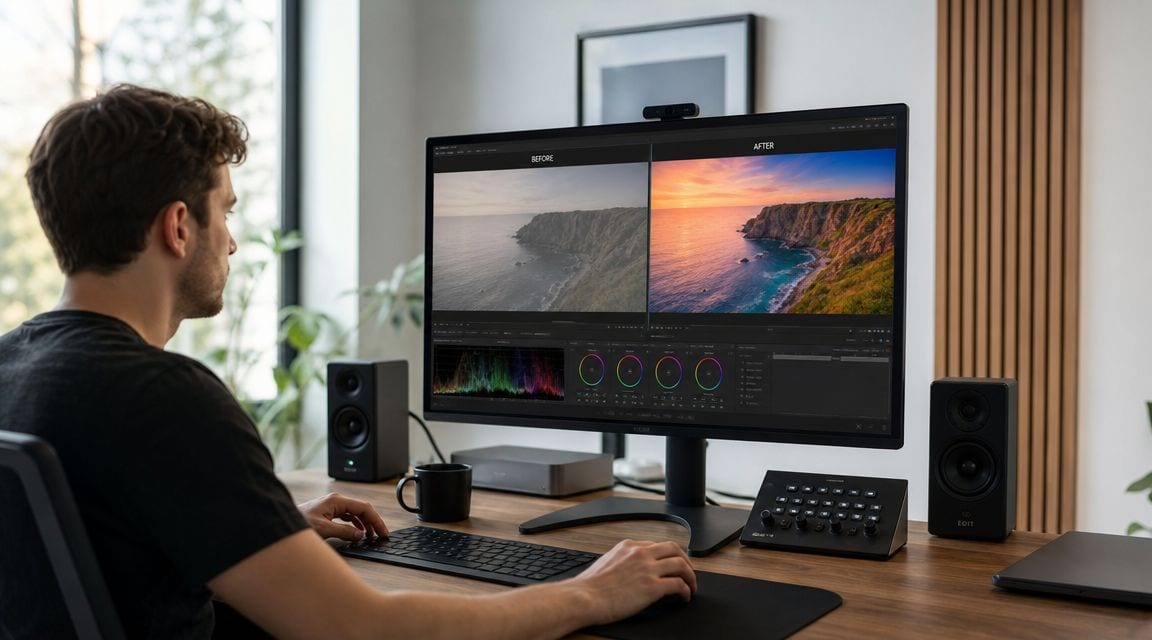 A professional video editor working on color grading footage using a desktop computer monitor and editing console.