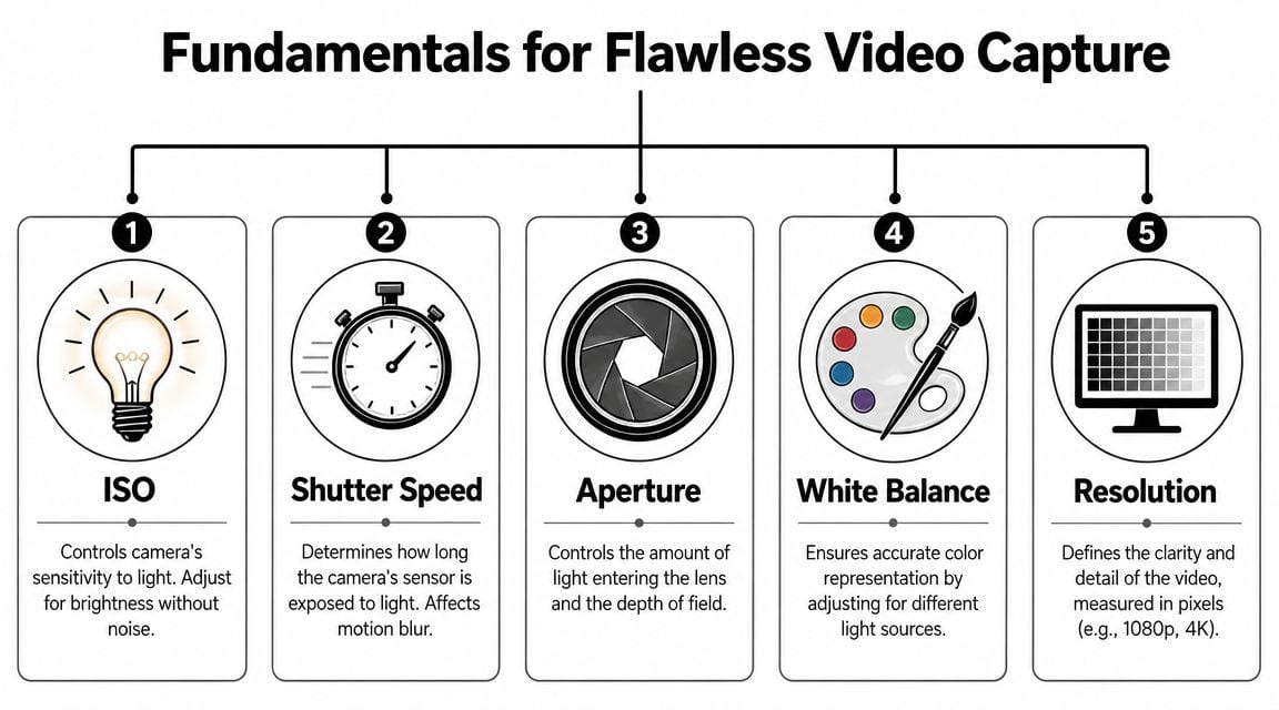 An infographic detailing five key camera settings for professional video capture: ISO, Shutter Speed, Aperture, White Balance, Resolution.