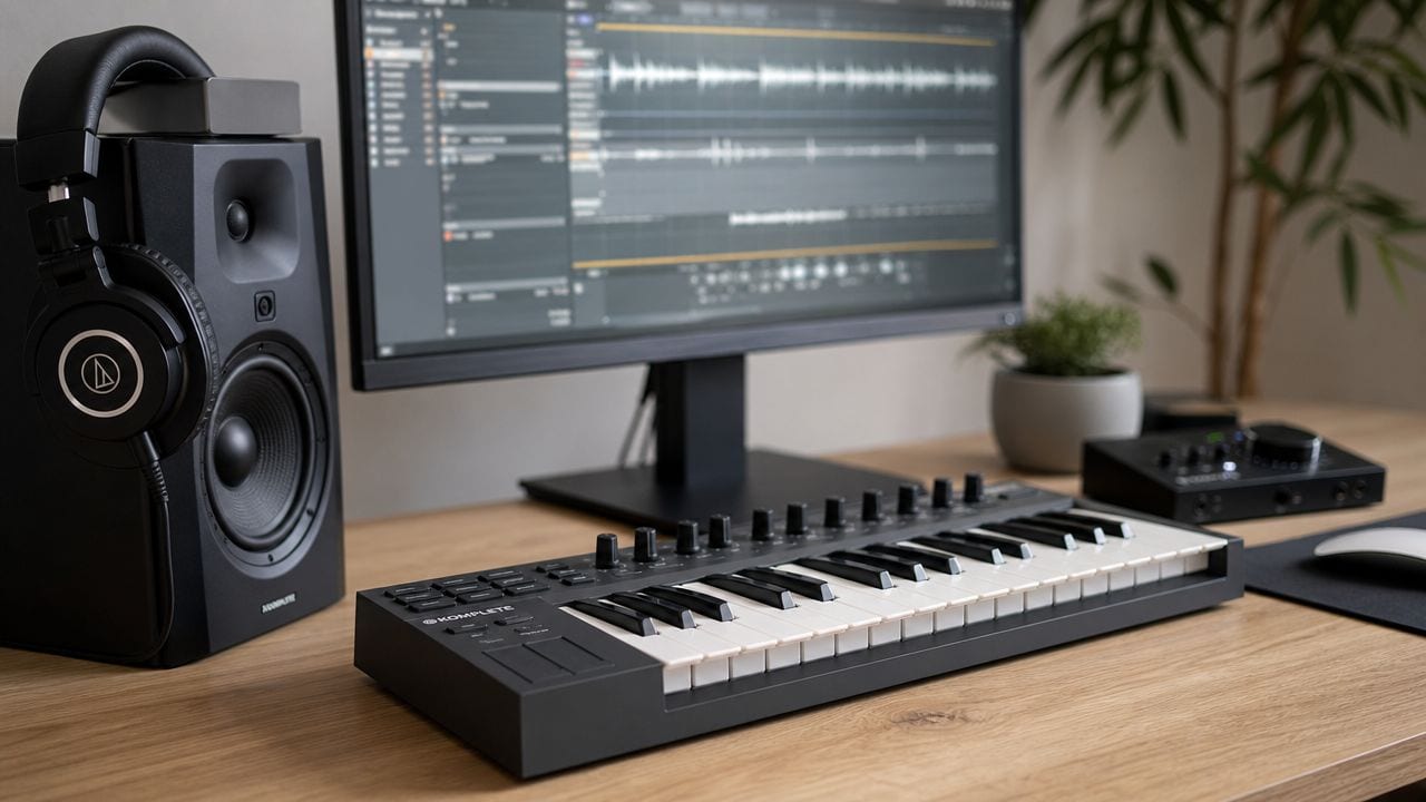 A professional music production workspace featuring a MIDI keyboard, studio monitor, headphones, and a computer display.