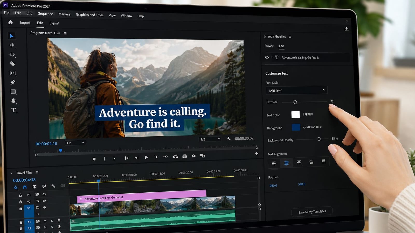 A hand using Adobe Premiere Pro software to edit text and subtitles on a video project timeline.