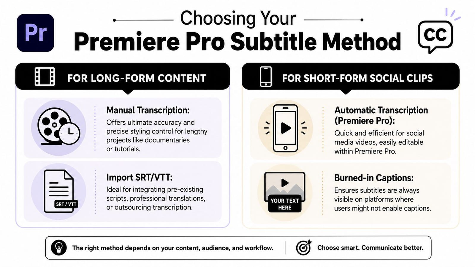 A guide infographic comparing methods for creating subtitles in Adobe Premiere Pro for different content types.