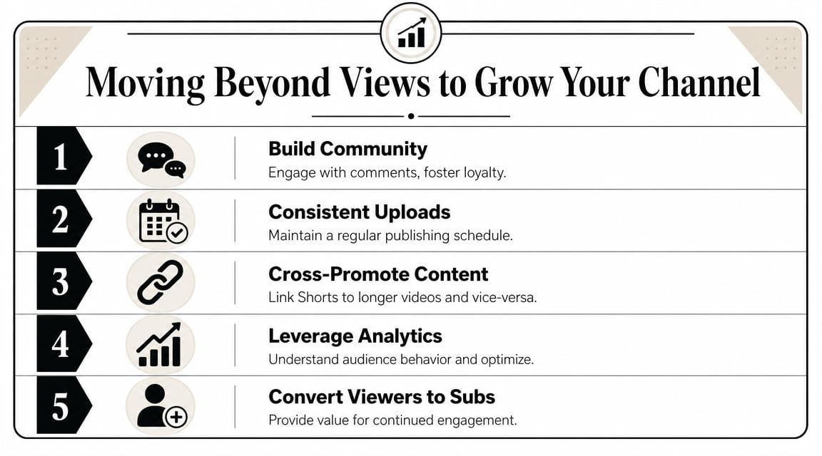 A five-step instructional graphic showing how to grow a YouTube channel beyond just view counts.