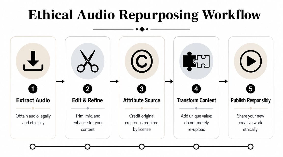 A flowchart titled Ethical Audio Repurposing Workflow showing five steps to ethically repurposing audio content.