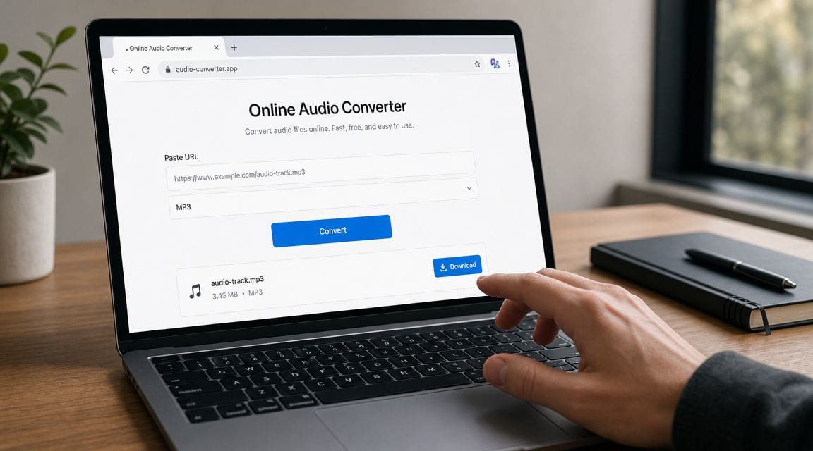 A person using an online audio converter website on a laptop to download an audio file.