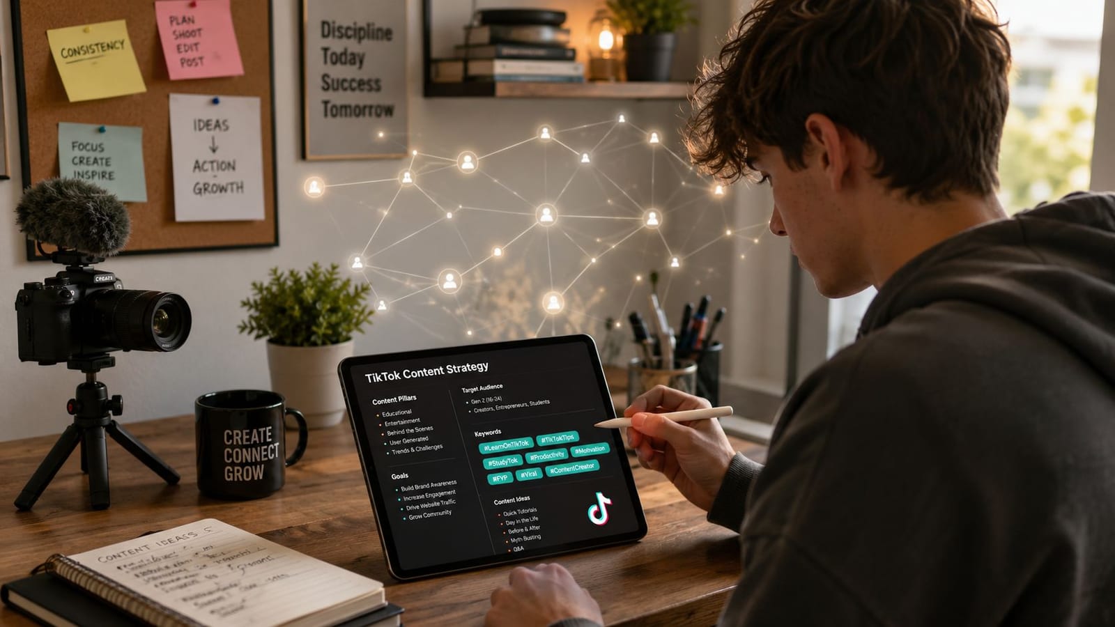 A young content creator planning a TikTok strategy on a tablet in a well-organized creative workspace.