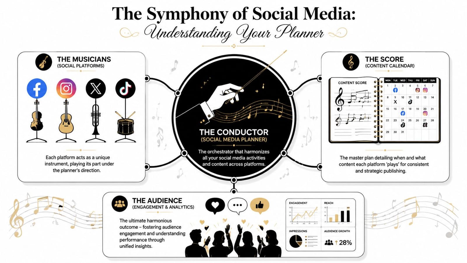An infographic titled The Symphony of Social Media comparing social media planning to a musical orchestra.