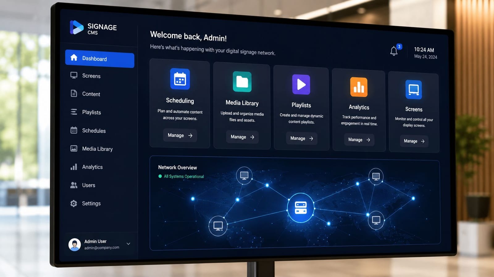 A digital signage content management dashboard showing network status, scheduling, and analytics on a display screen.