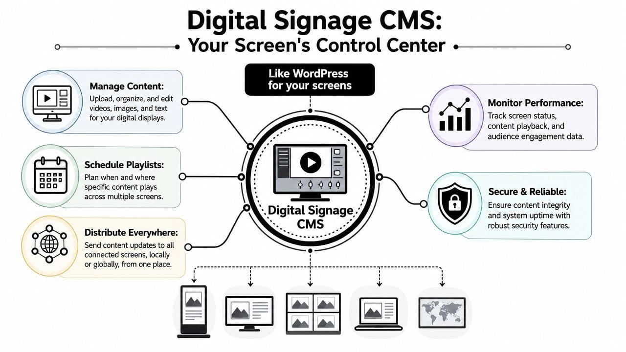 A diagram illustrating how digital signage CMS functions as a control center for managing screen content.