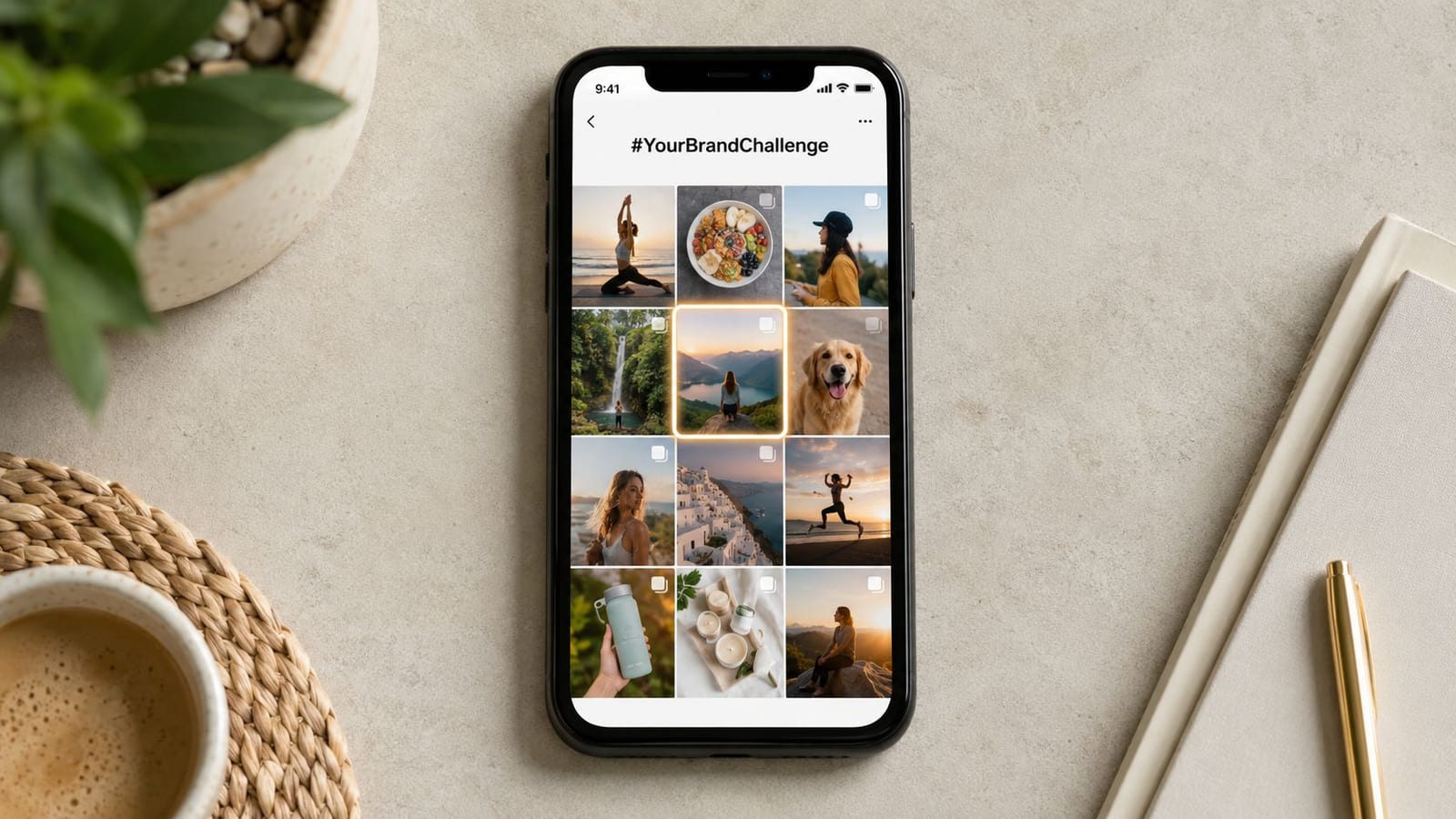 A smartphone screen displaying a social media hashtag feed with various lifestyle and wellness photos.
