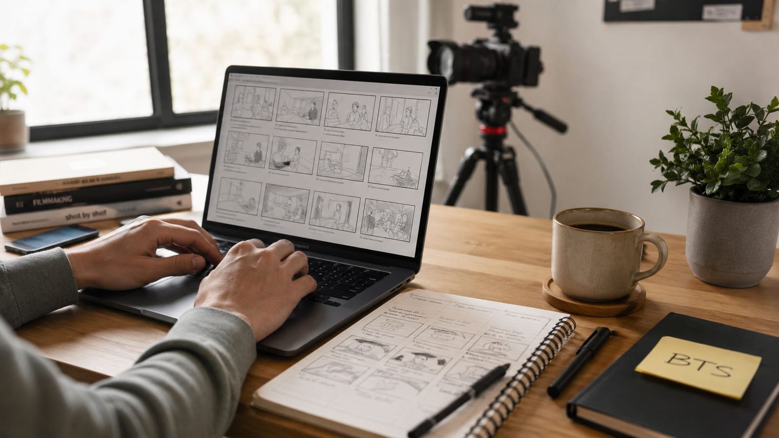 A creative professional working on a storyboard project using a laptop in a cozy home office.