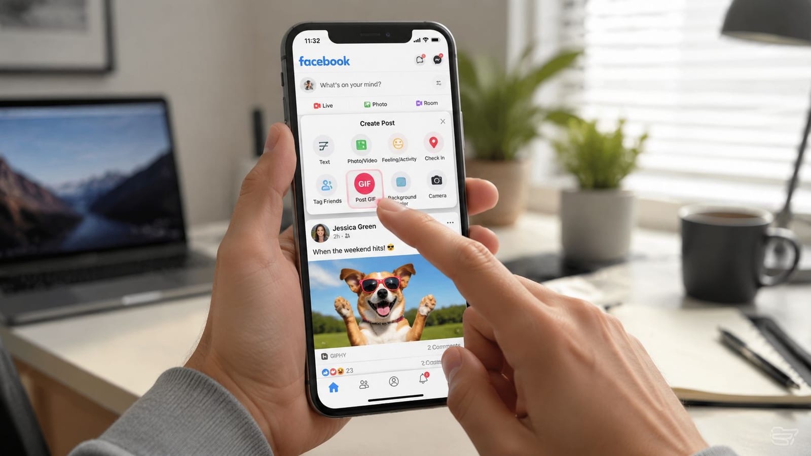 A person holding a smartphone showing the Facebook app with the Post GIF button being selected.