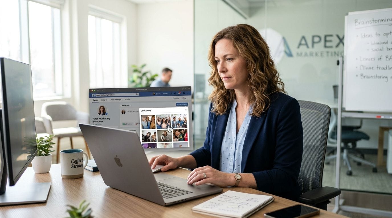 A businesswoman using a laptop to upload content to the Apex Marketing Solutions social media page.