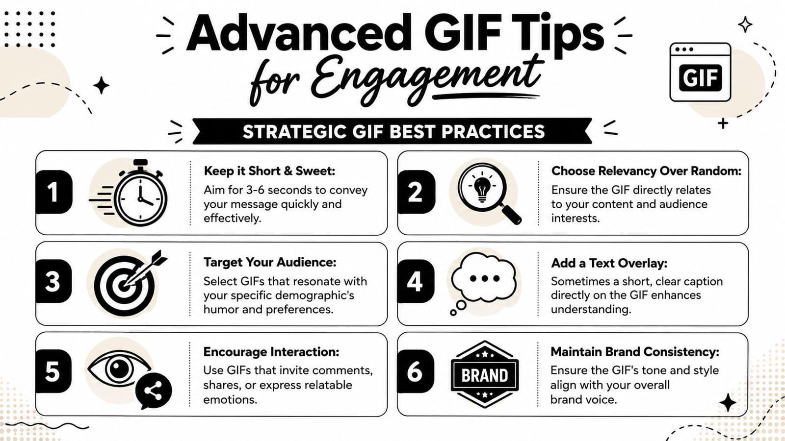 An infographic titled Advanced GIF Tips for Engagement, outlining six best practices for using GIFs effectively in content.