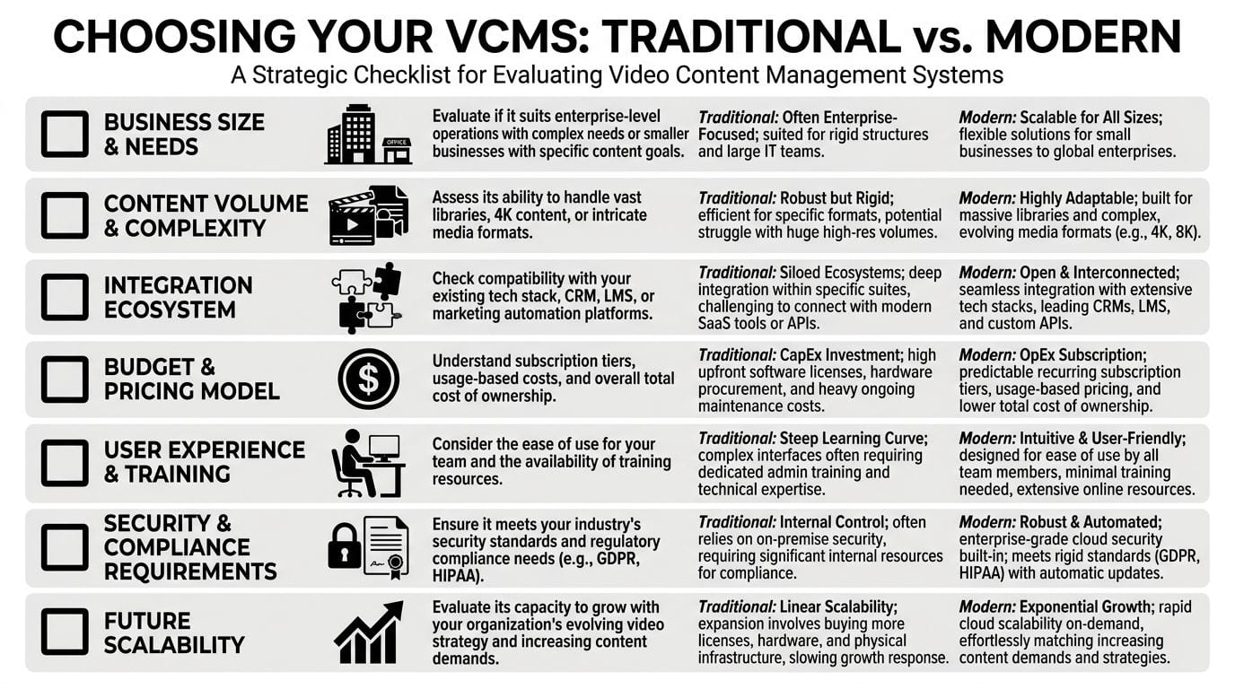 A strategic comparison checklist for evaluating traditional versus modern video content management systems for business.