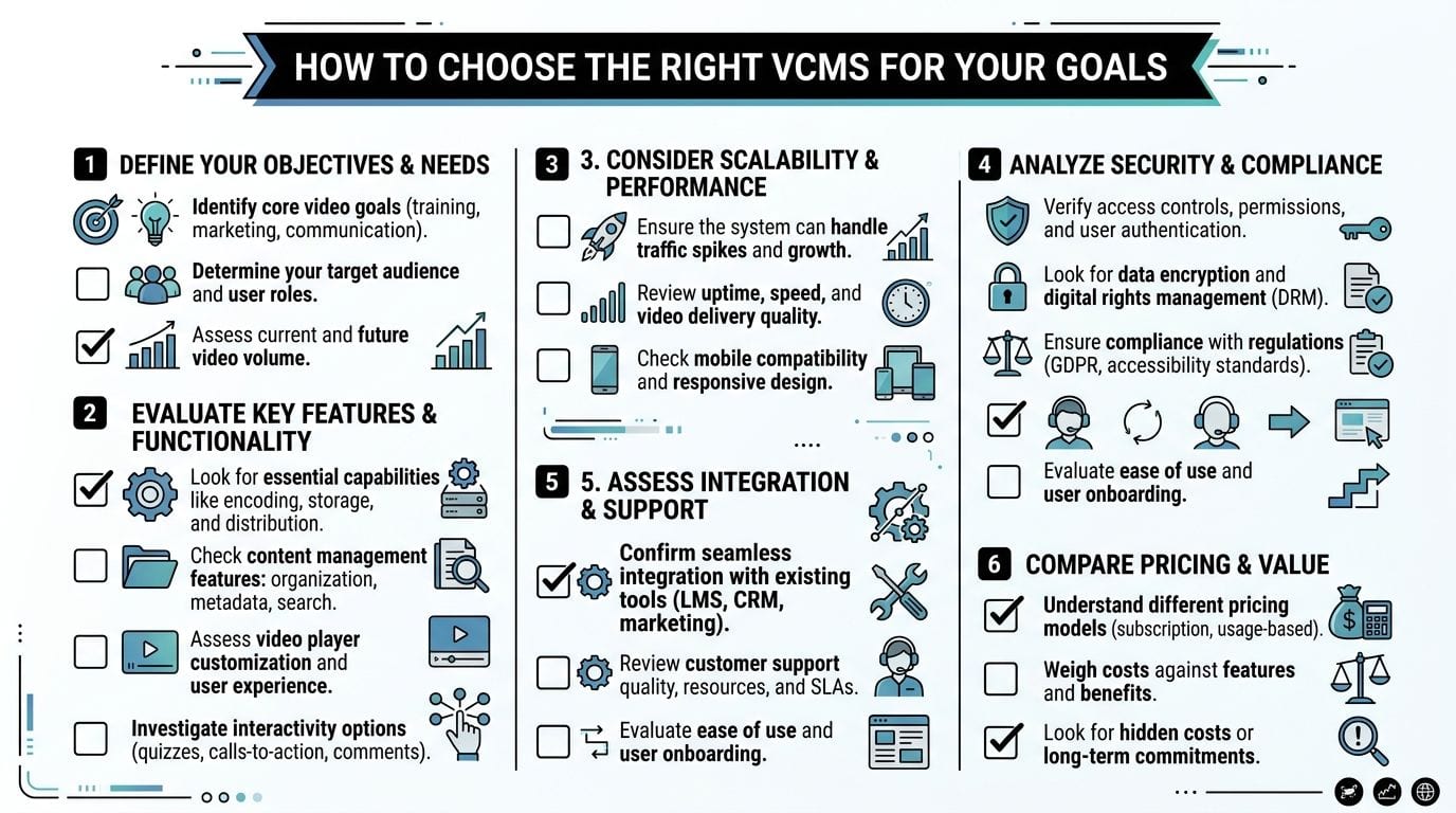 A six-step infographic showing how to select the right video content management system for business goals.