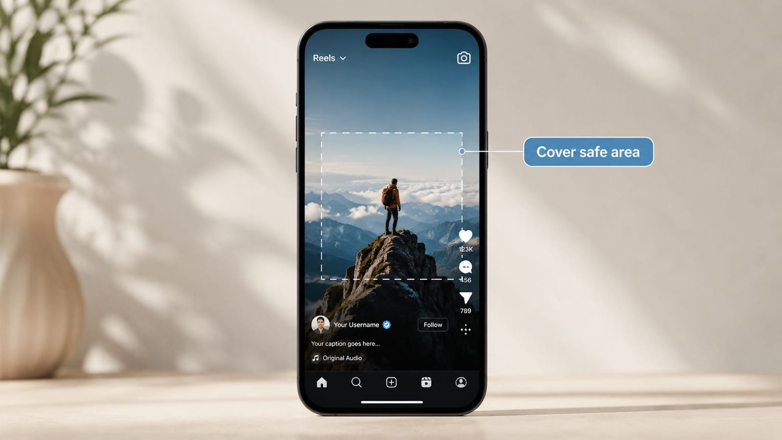 A smartphone screen displaying an Instagram Reel interface with a highlighted safe area for cover images.