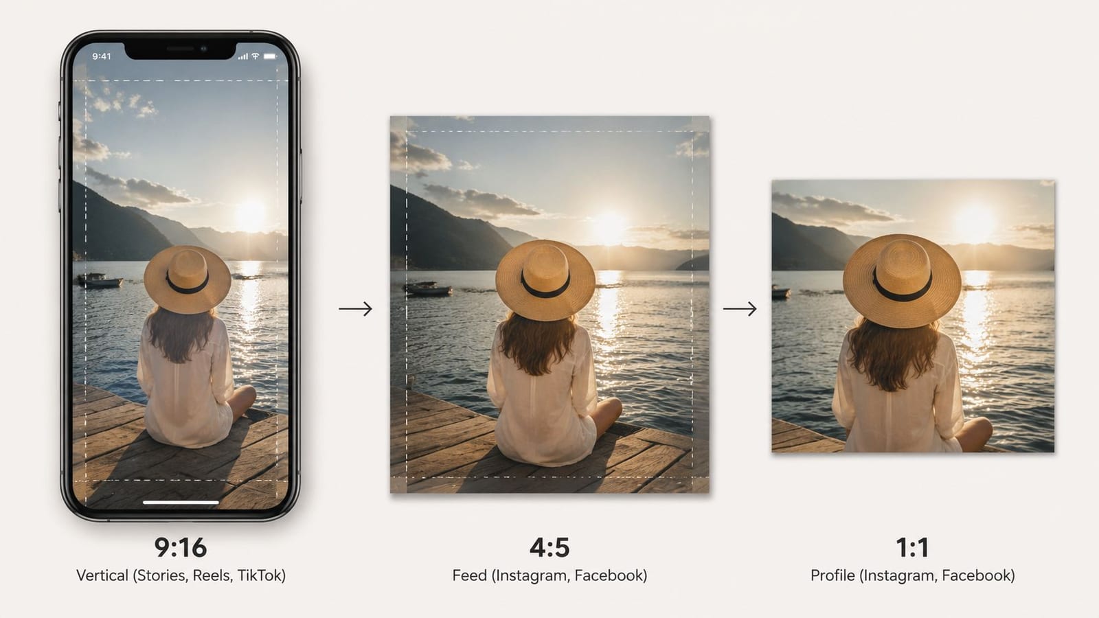 A diagram illustrating how to crop a vertical photo for 9:16, 4:5, and 1:1 aspect ratios.